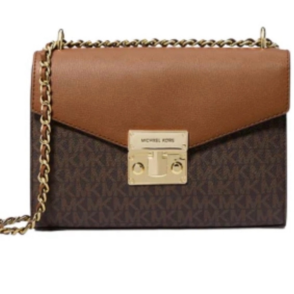 Michael Kors Brown and Tan Crossbody Bag with Gold Chain